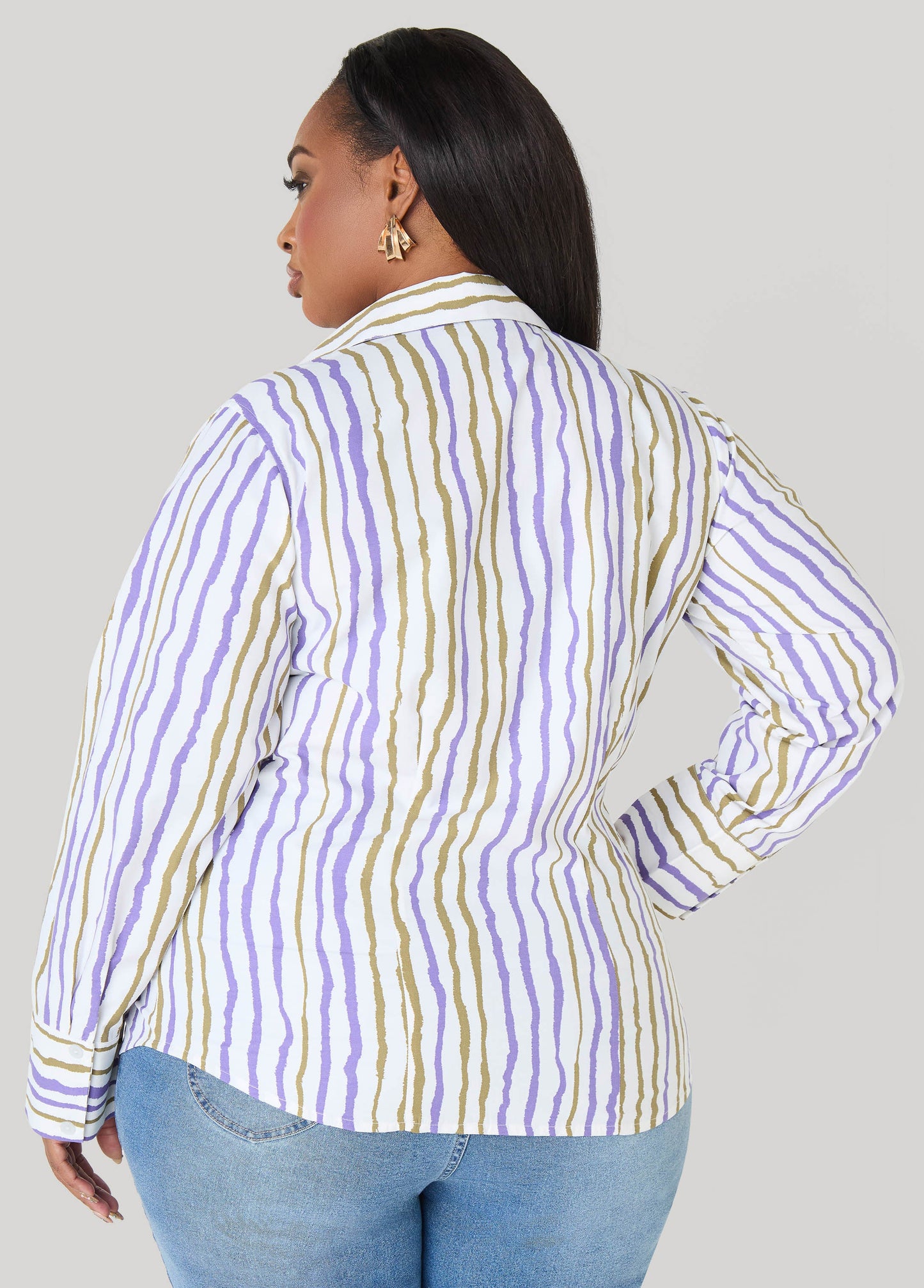 Ashley Stewart Striped Collared Shirt Egret