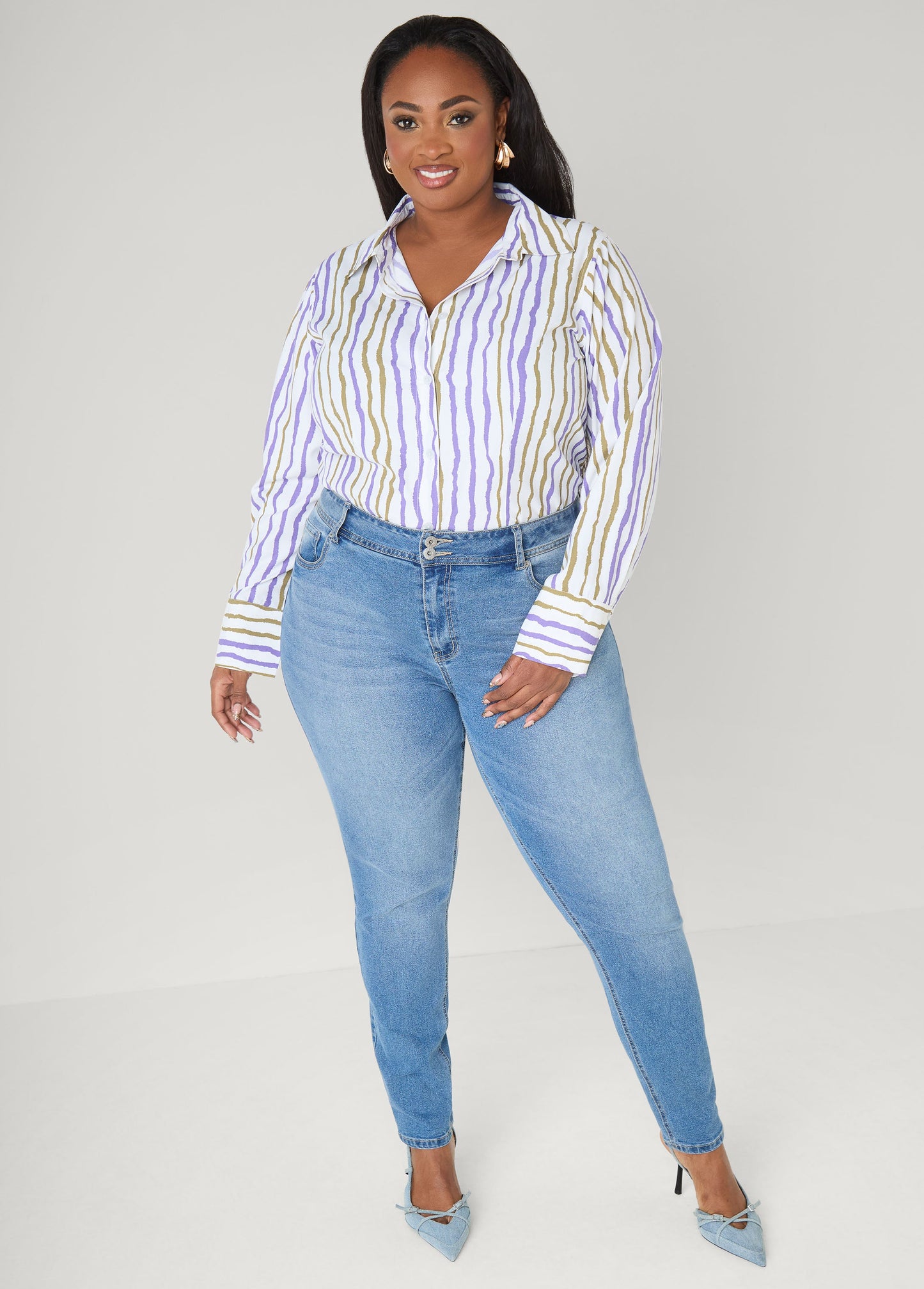 Ashley Stewart Striped Collared Shirt Egret