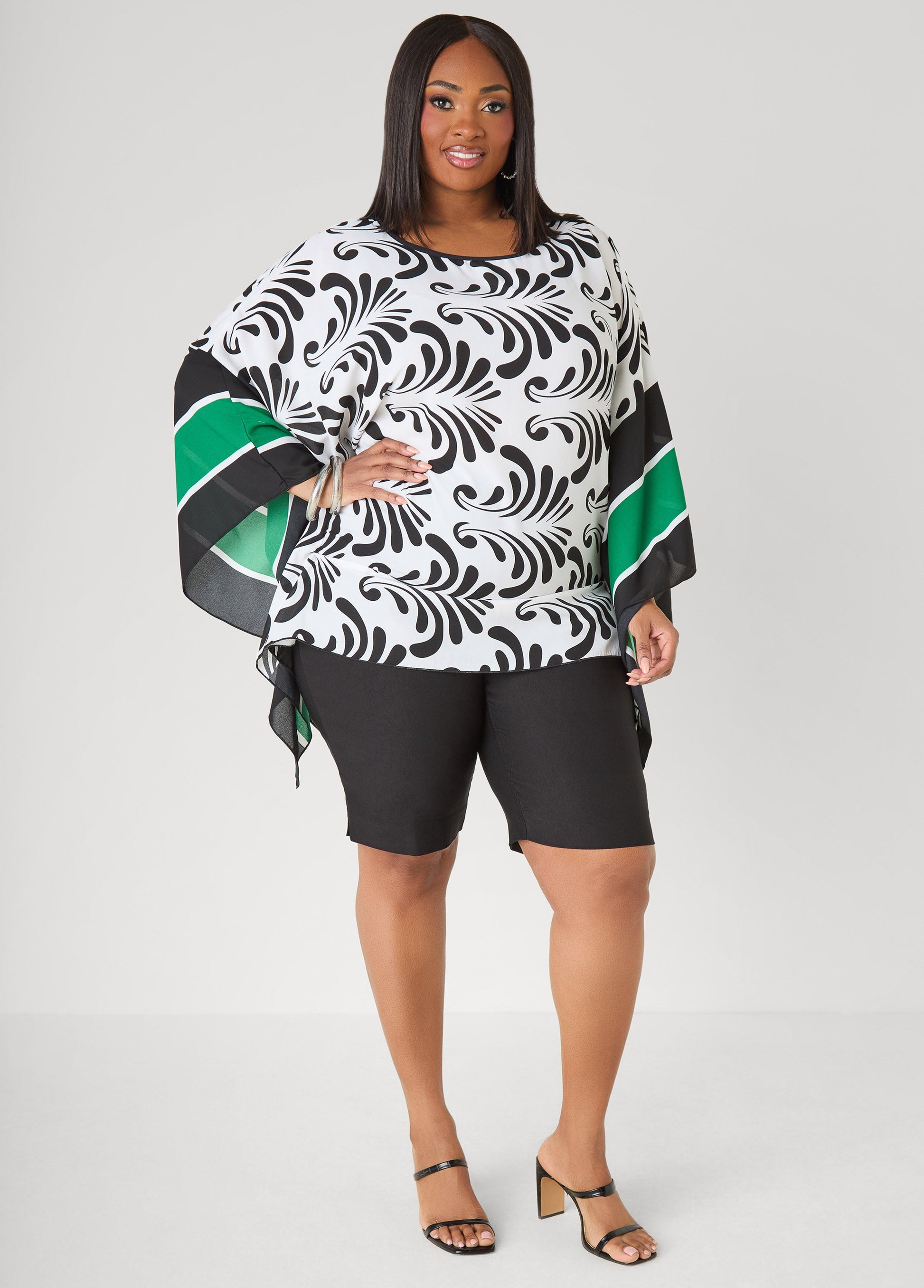 Ashley Stewart Printed Drama Sleeve Tunic White Black