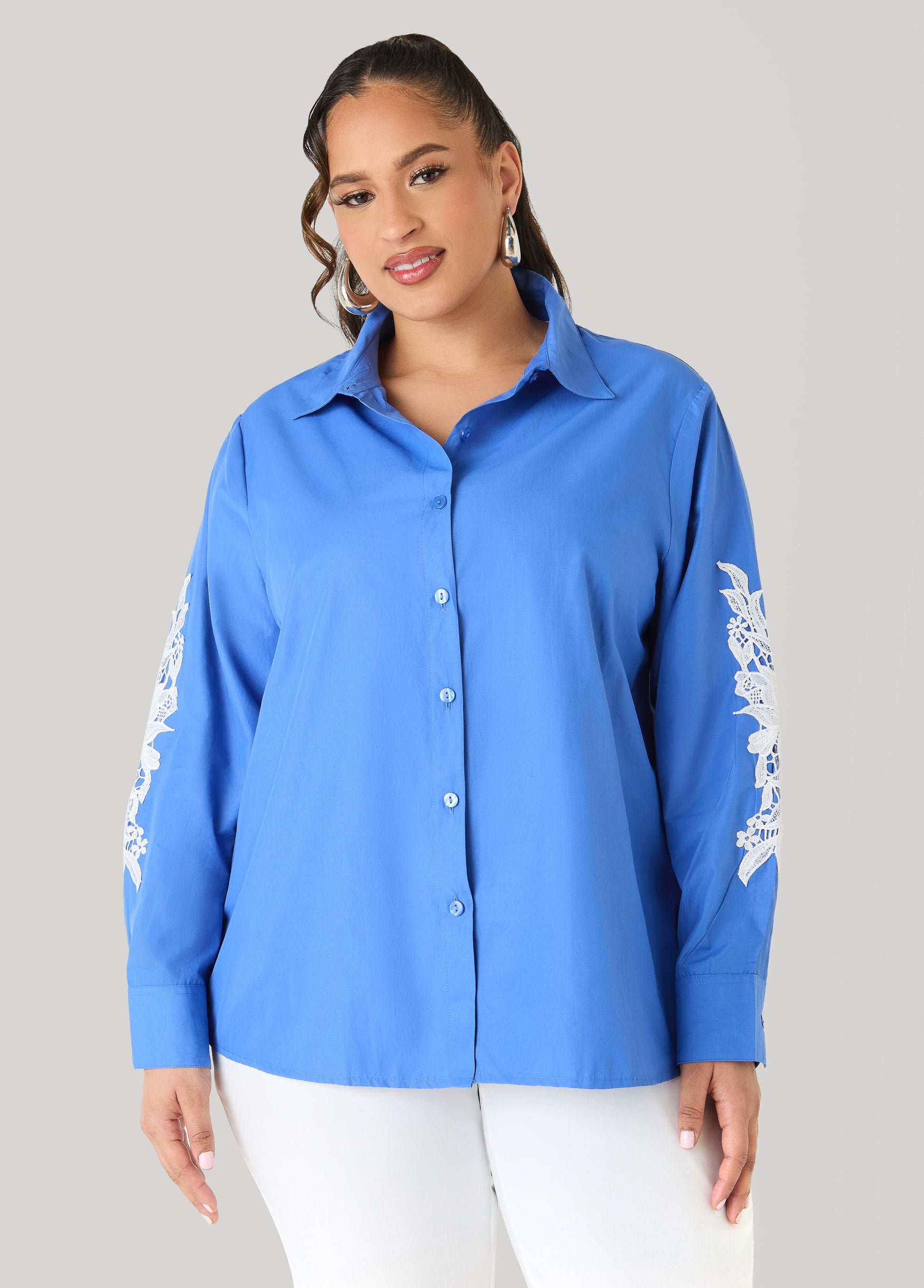 Ashley Stewart Applique Cotton Blend Shirt Blue