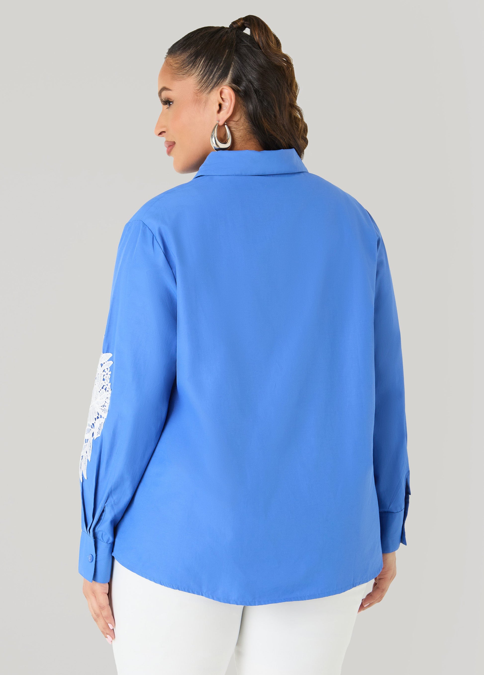 Ashley Stewart Applique Cotton Blend Shirt Blue