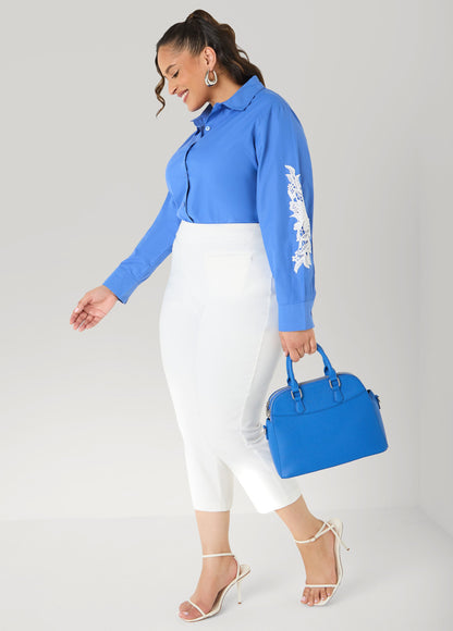 Ashley Stewart Applique Cotton Blend Shirt Blue