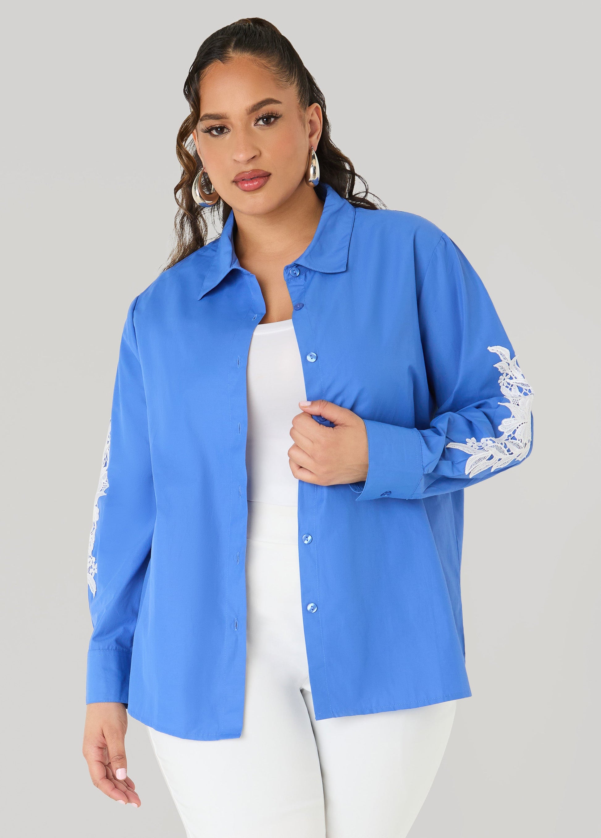 Ashley Stewart Applique Cotton Blend Shirt Blue