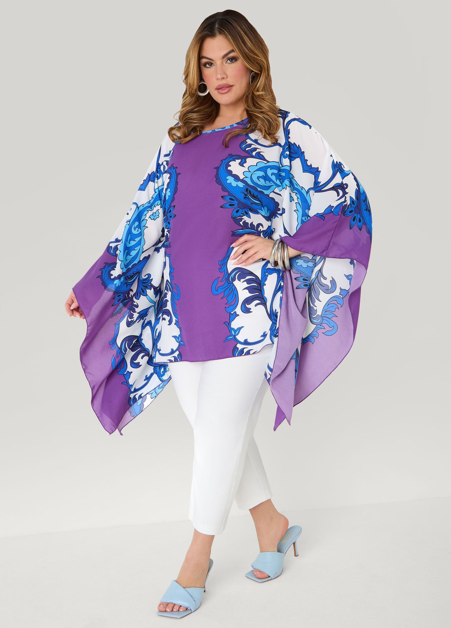 Ashley Stewart Draped Printed Poncho Pansy