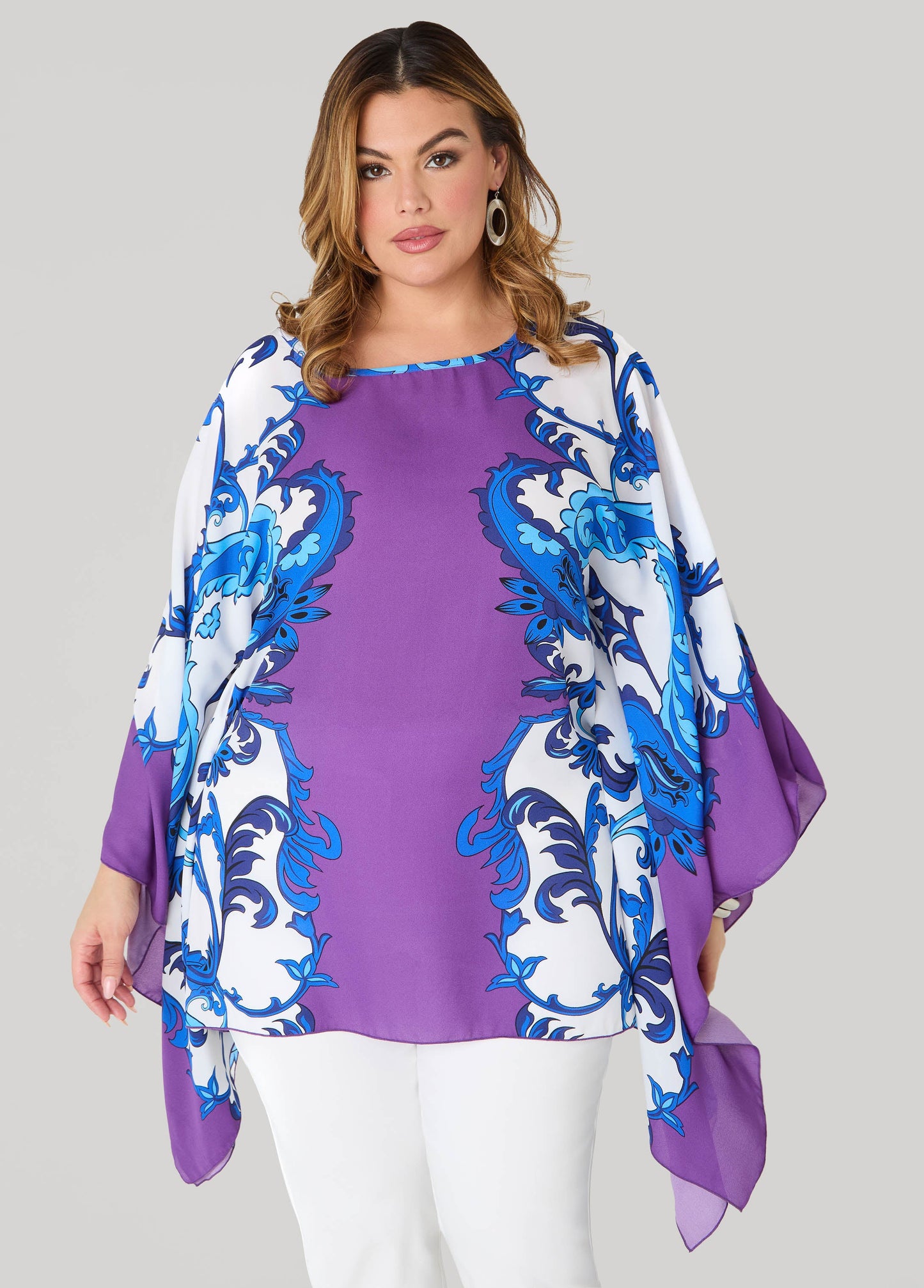 Ashley Stewart Draped Printed Poncho Pansy