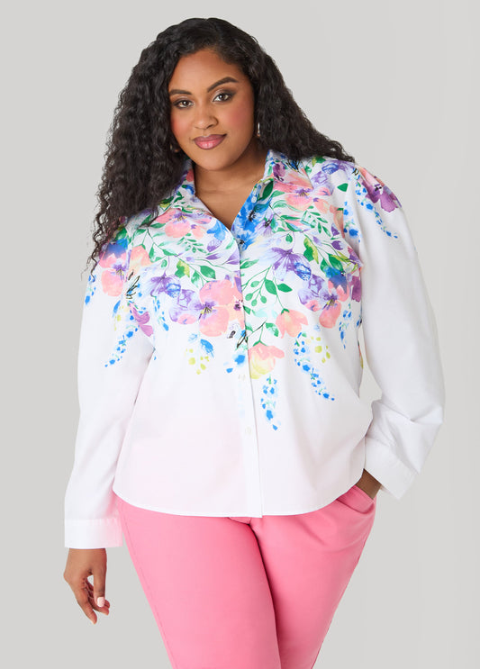 Ashley Stewart Floral Print Cotton Blend Shirt White