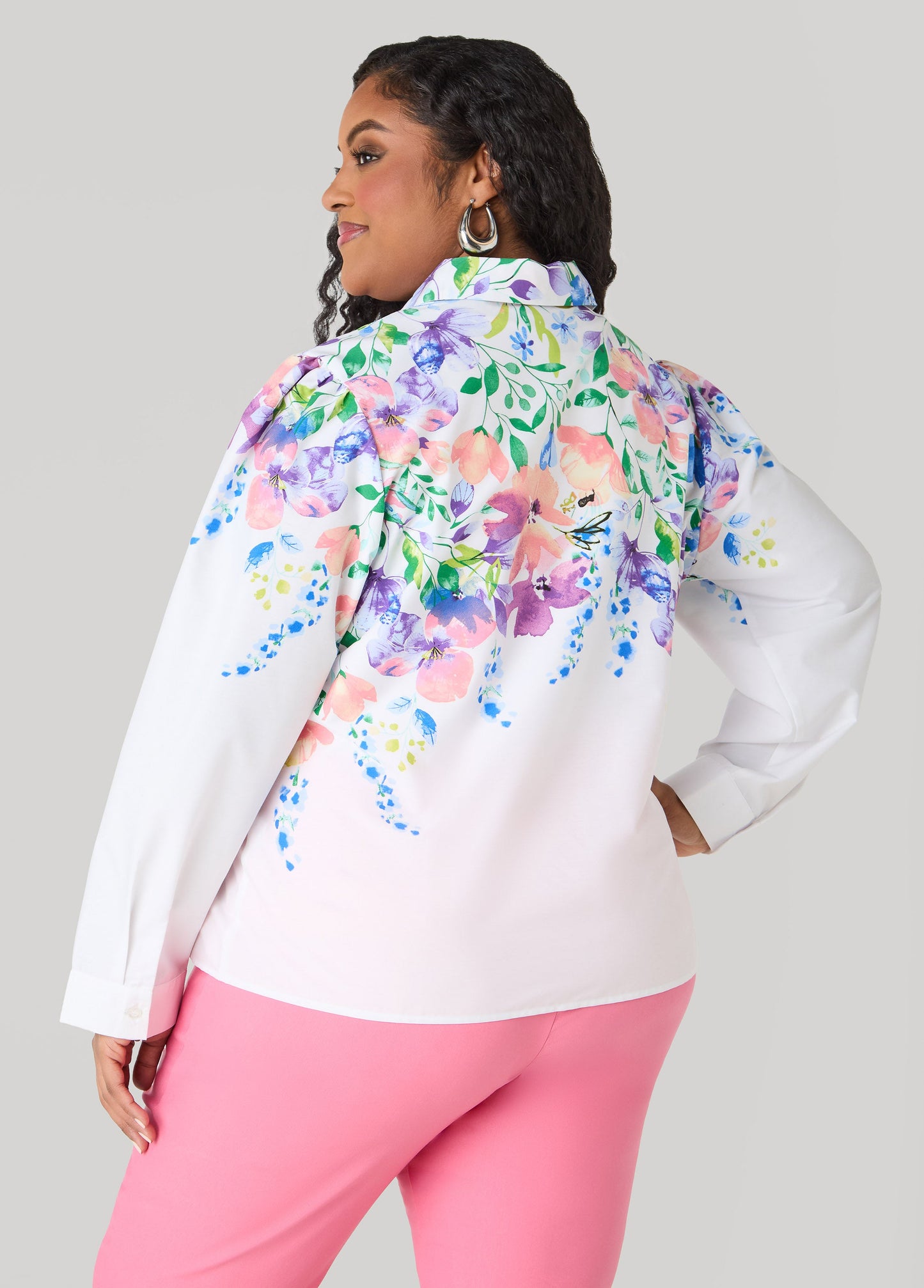Ashley Stewart Floral Print Cotton Blend Shirt White