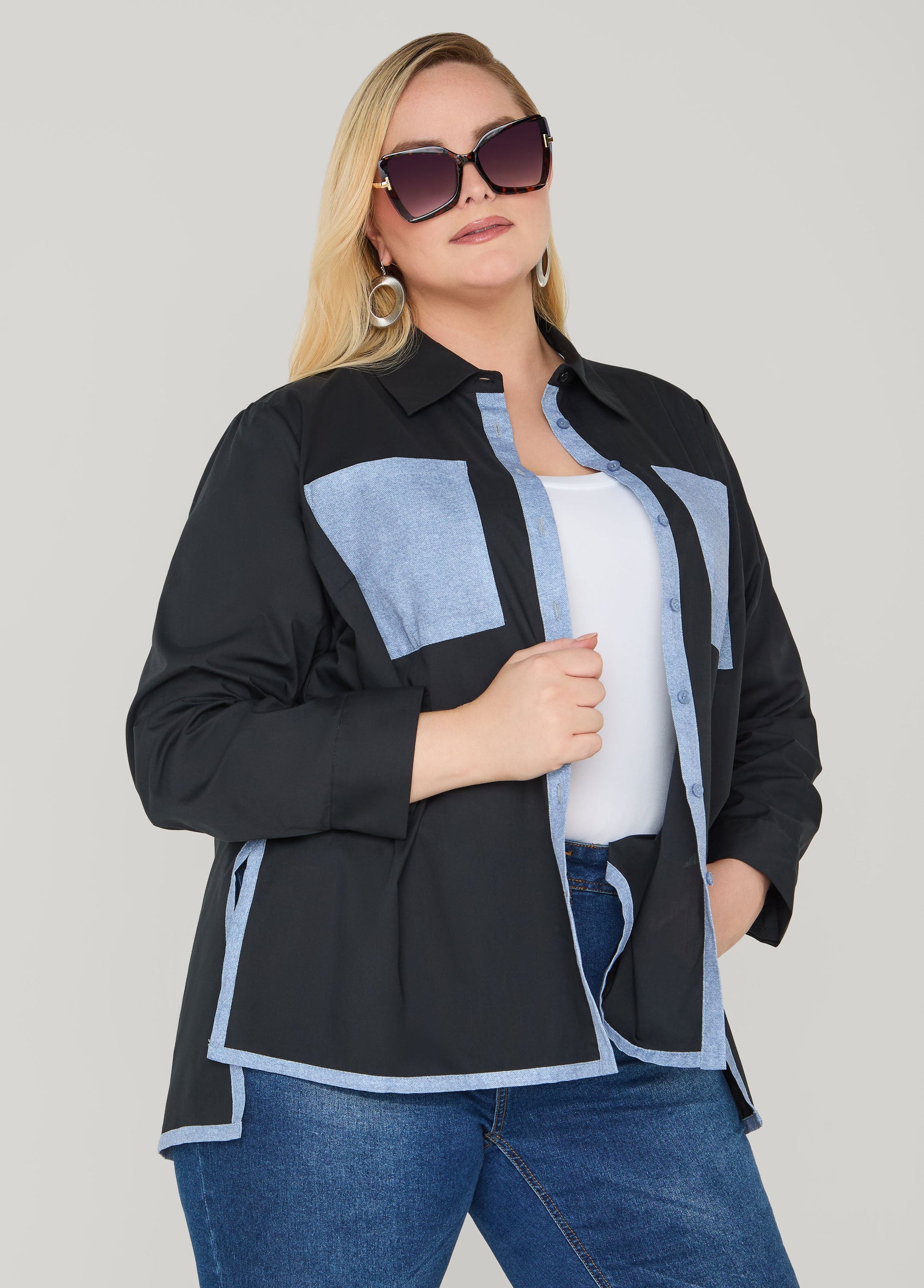 Ashley Stewart Denim Print Paneled Hi Low Shirt Black