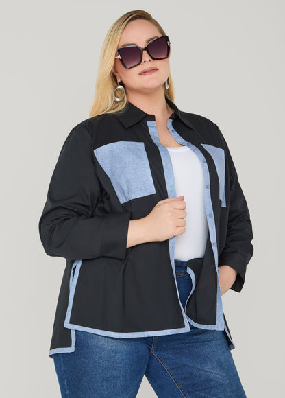 Ashley Stewart Denim Print Paneled Hi Low Shirt Black
