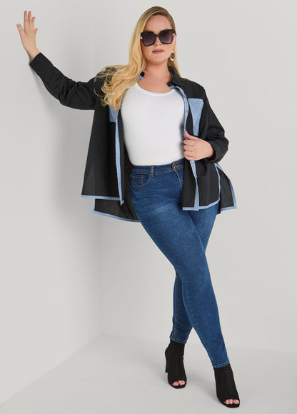 Ashley Stewart Denim Print Paneled Hi Low Shirt Black