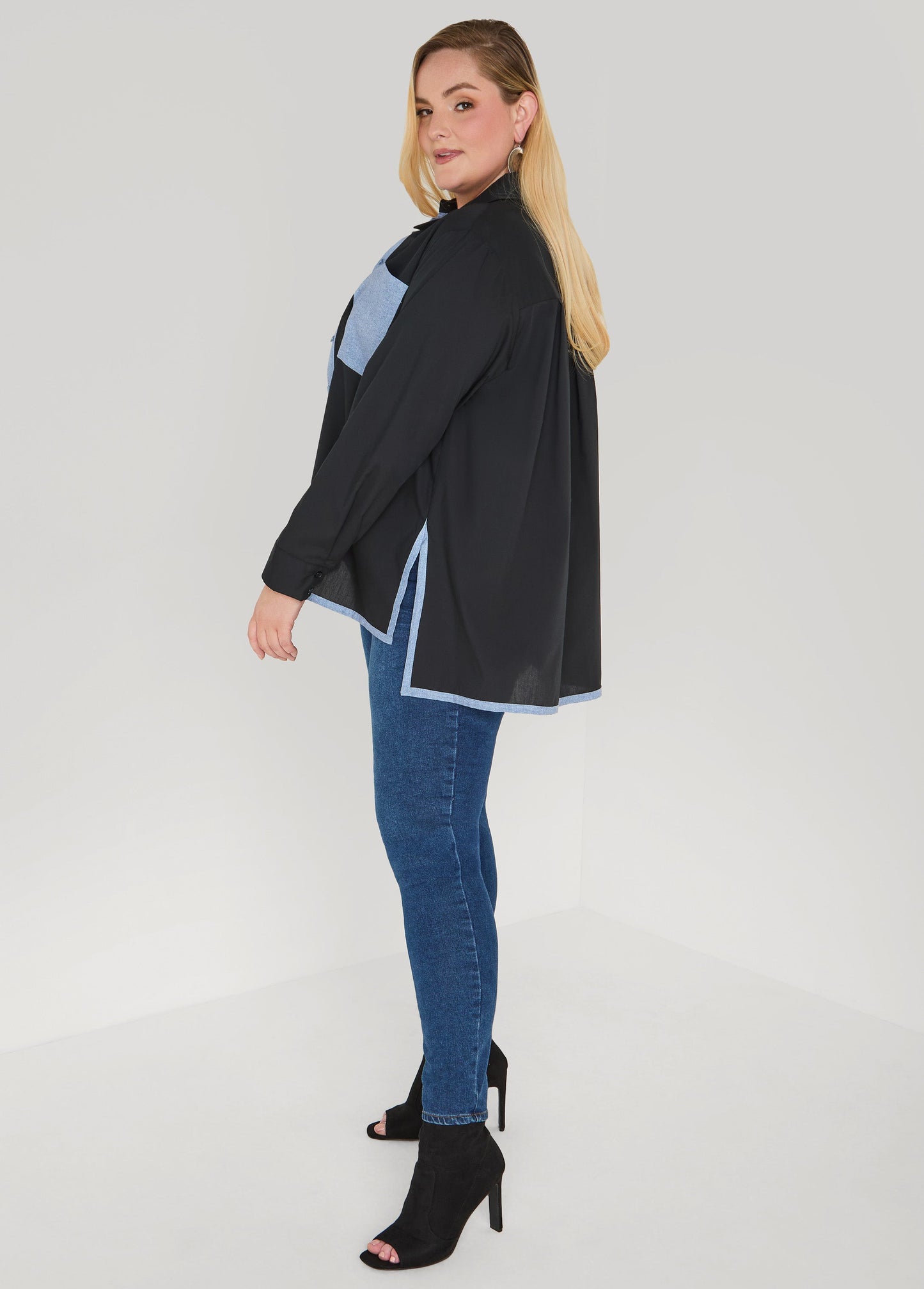 Ashley Stewart Denim Print Paneled Hi Low Shirt Black