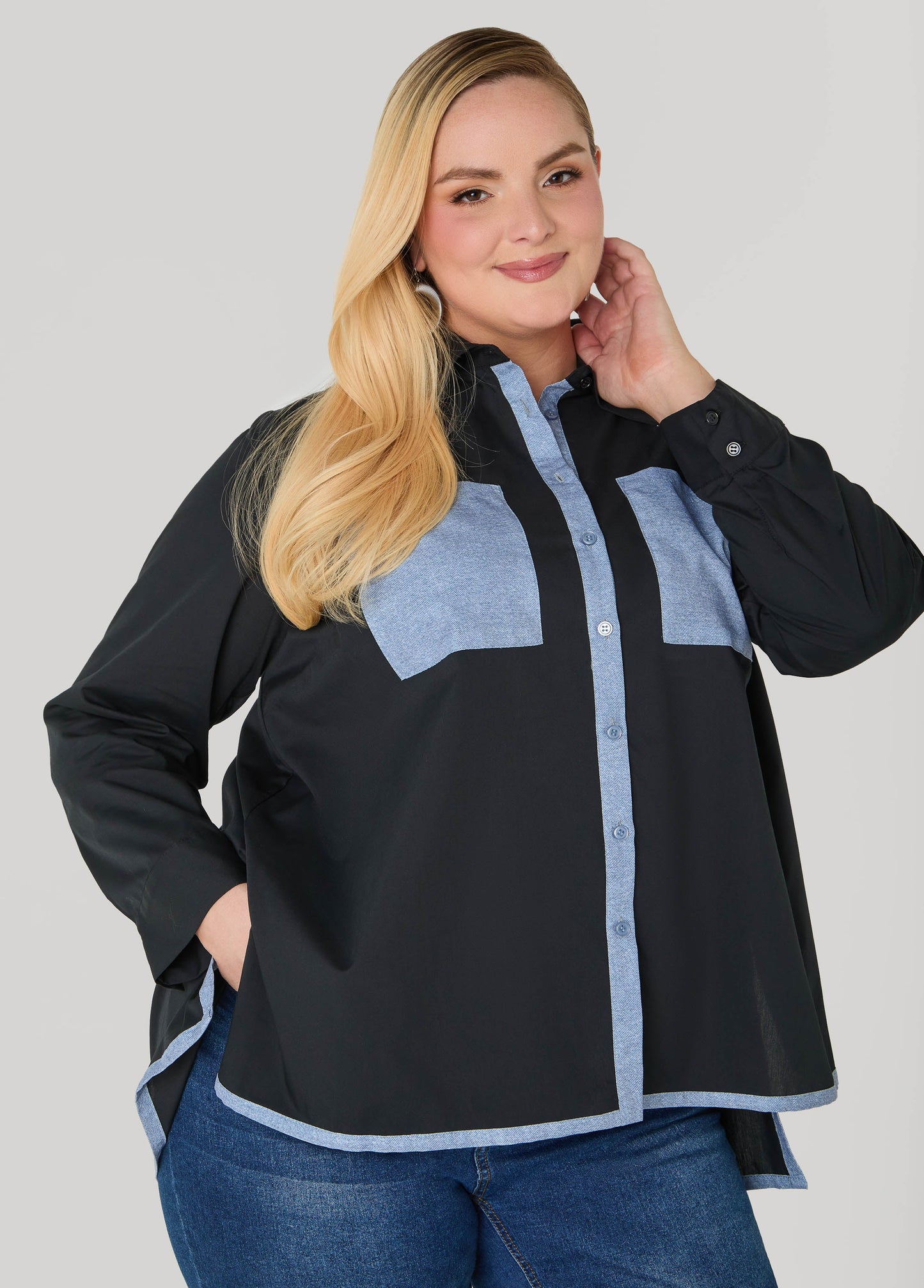 Ashley Stewart Denim Print Paneled Hi Low Shirt Black