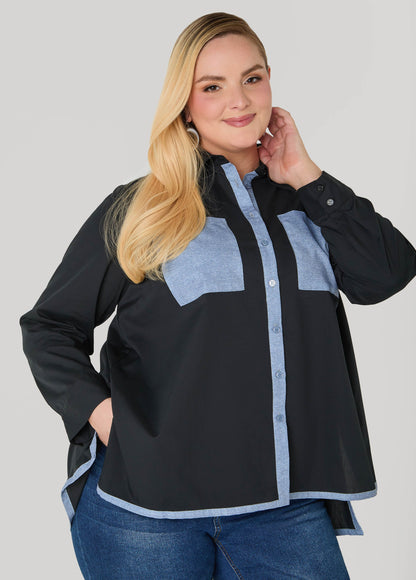 Ashley Stewart Denim Print Paneled Hi Low Shirt Black