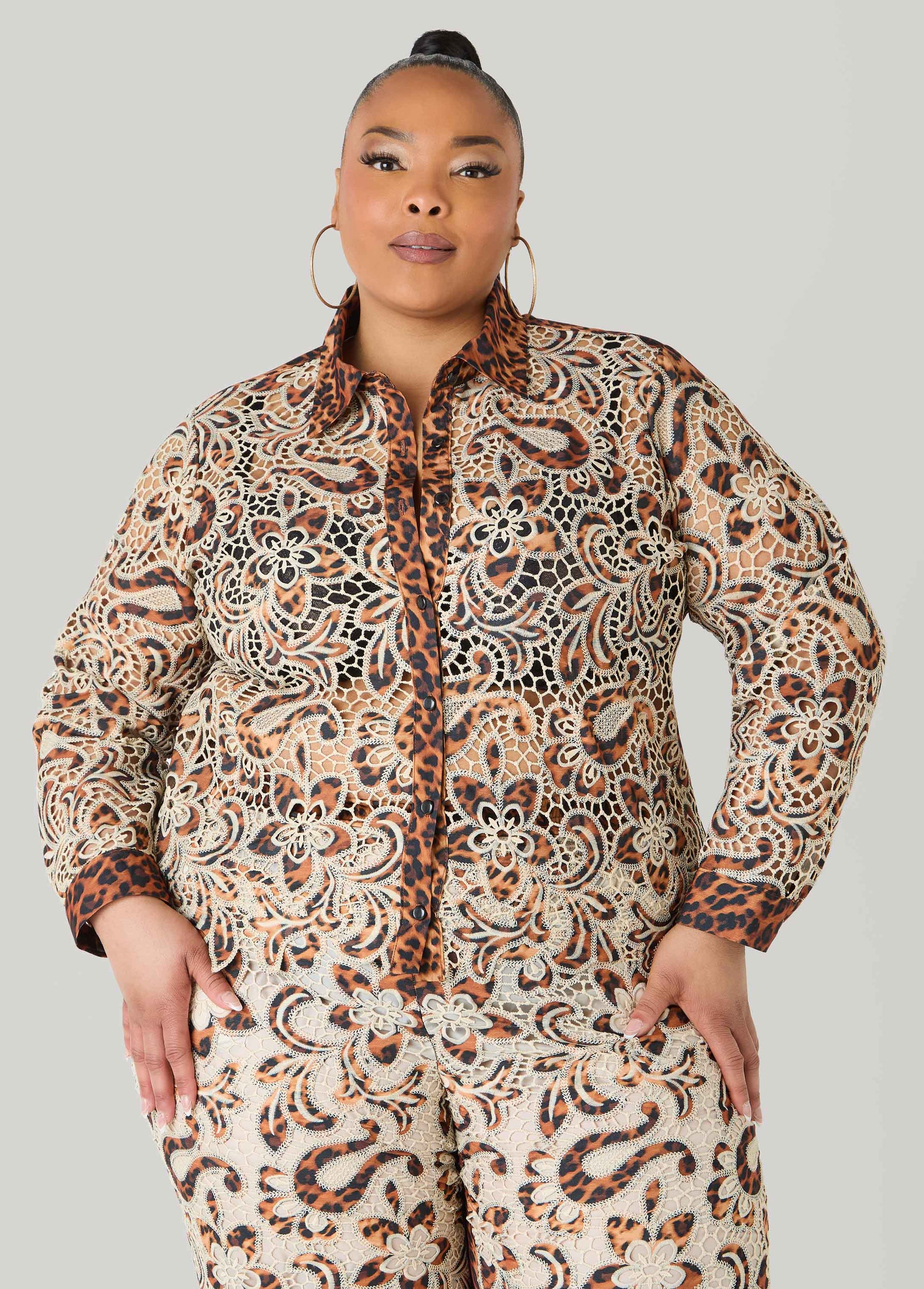 Ashley Stewart Leopard Print Corded Lace Shirt Natural Leopard