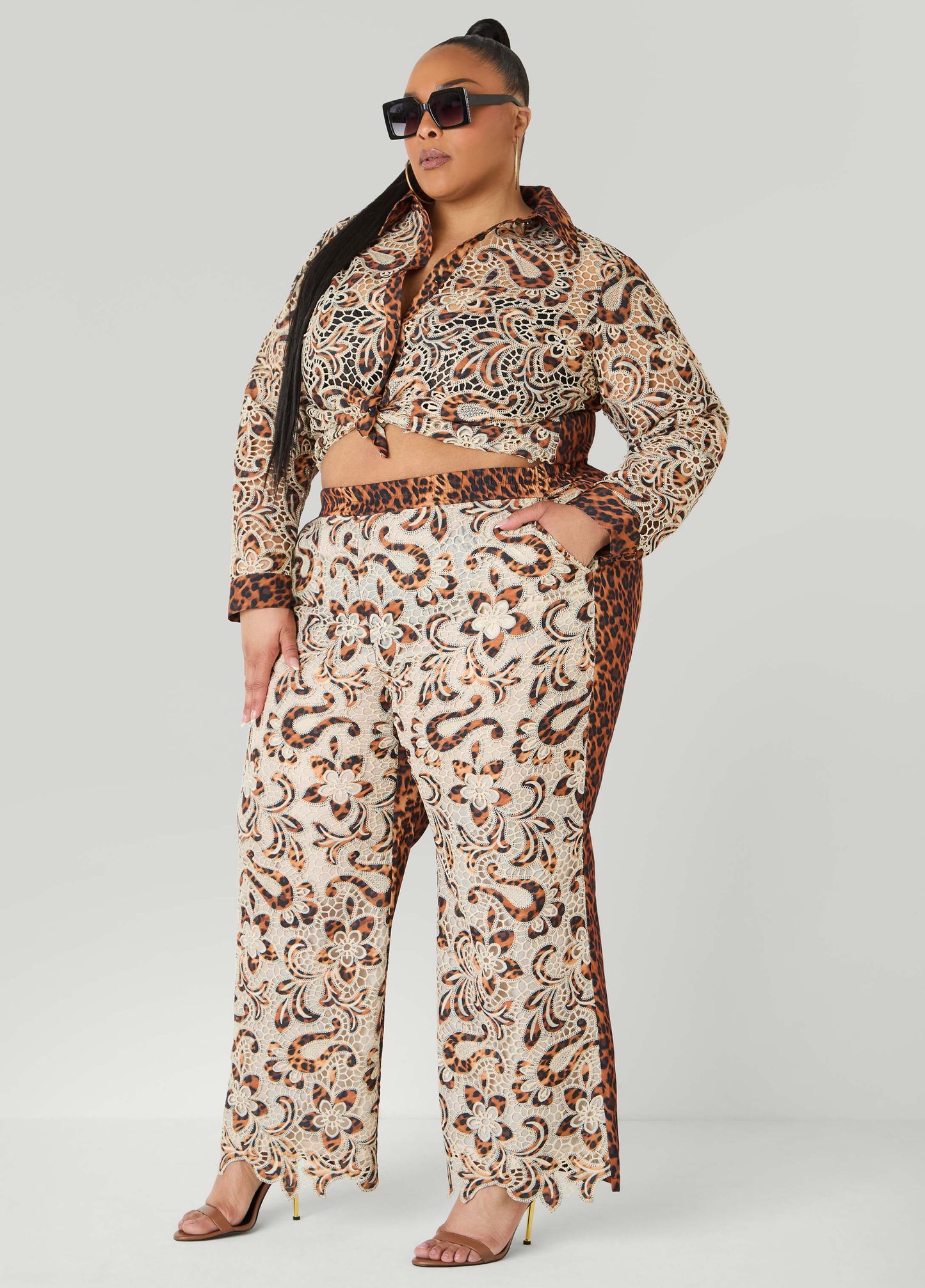 Ashley Stewart Leopard Print Corded Lace Shirt Natural Leopard