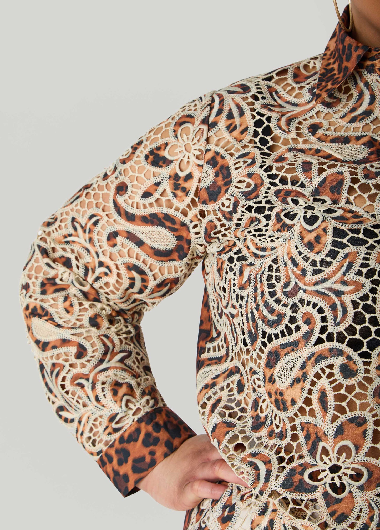 Ashley Stewart Leopard Print Corded Lace Shirt Natural Leopard