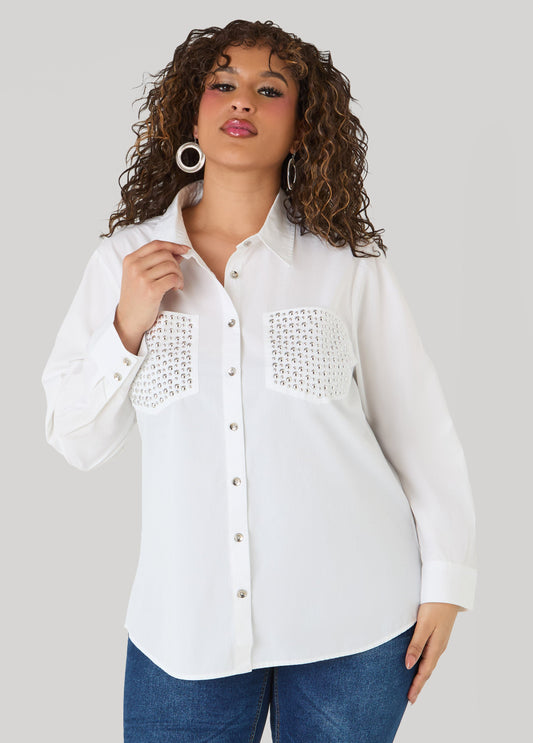 Ashley Stewart Studded Cotton Shirt White