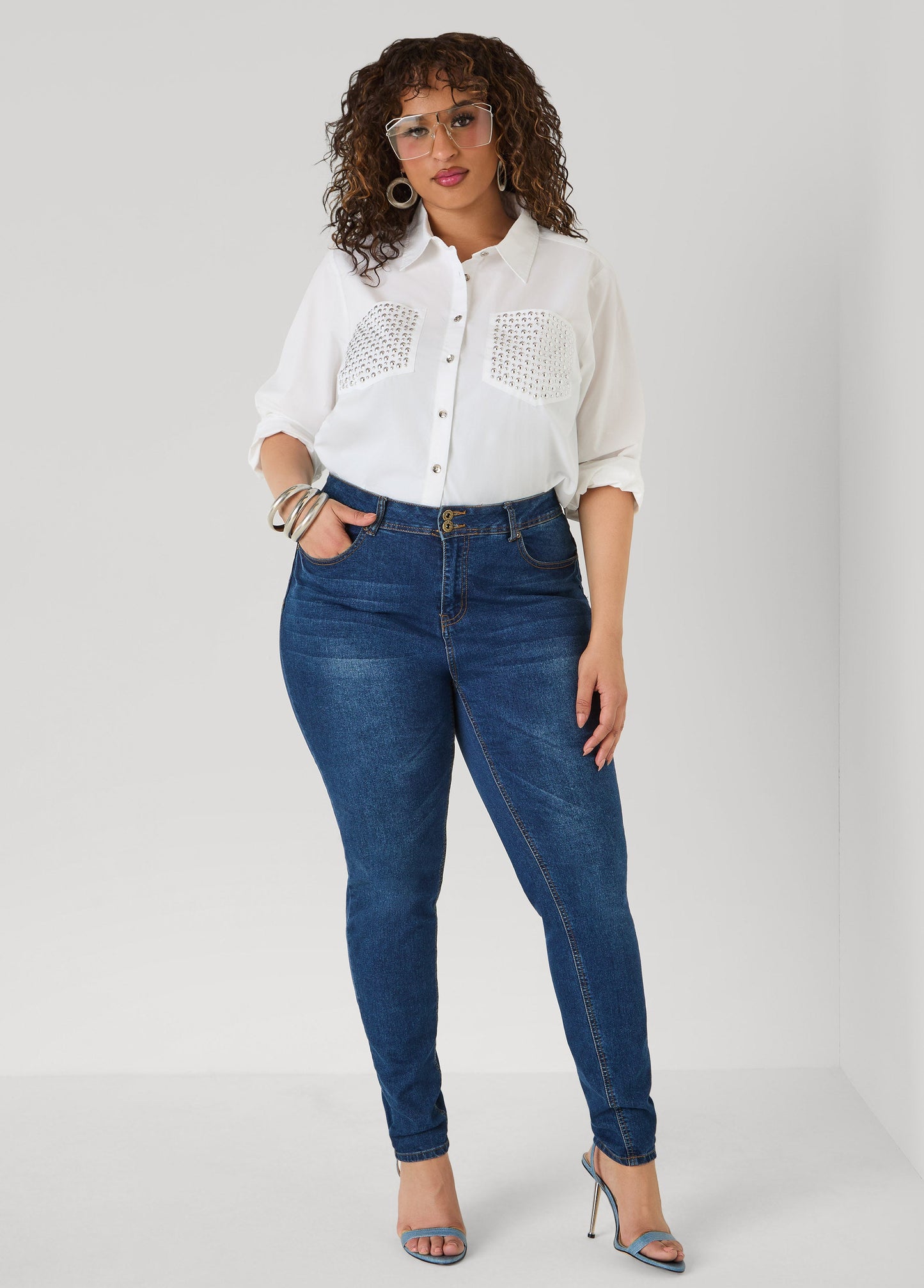 Ashley Stewart Studded Cotton Shirt White