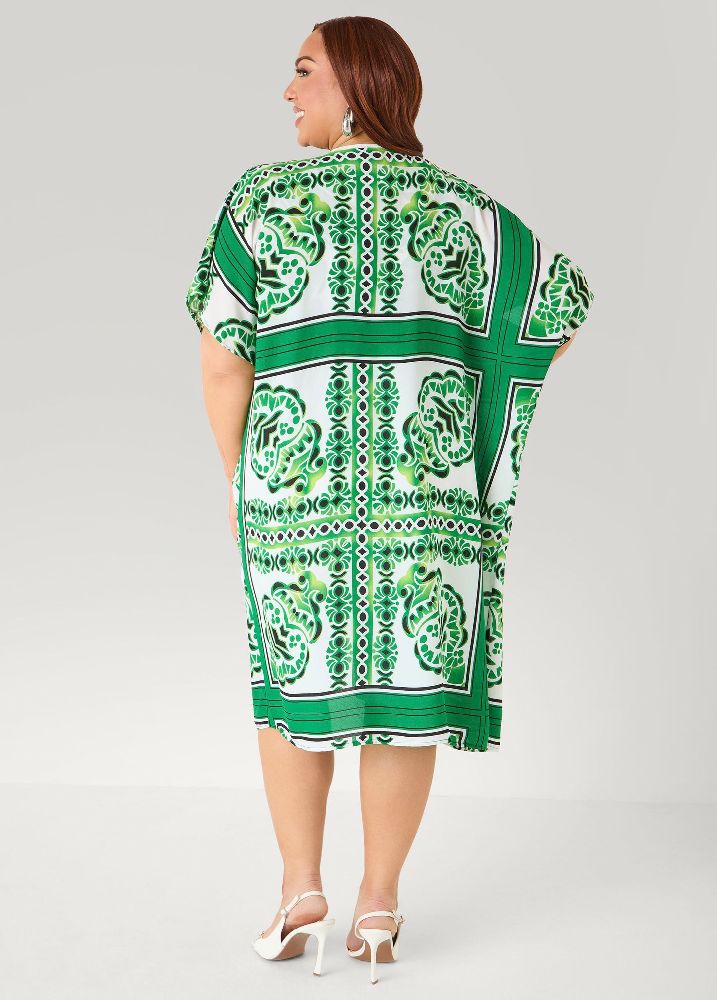 Ashley Stewart Scarf Print Open Front Duster Macaw Green