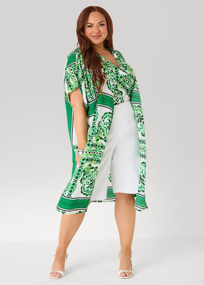 Ashley Stewart Scarf Print Open Front Duster Macaw Green