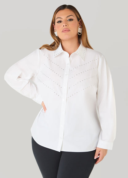 Ashley Stewart Crystal Cotton Blend Shirt White