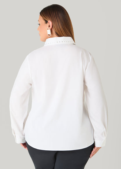 Ashley Stewart Crystal Cotton Blend Shirt White