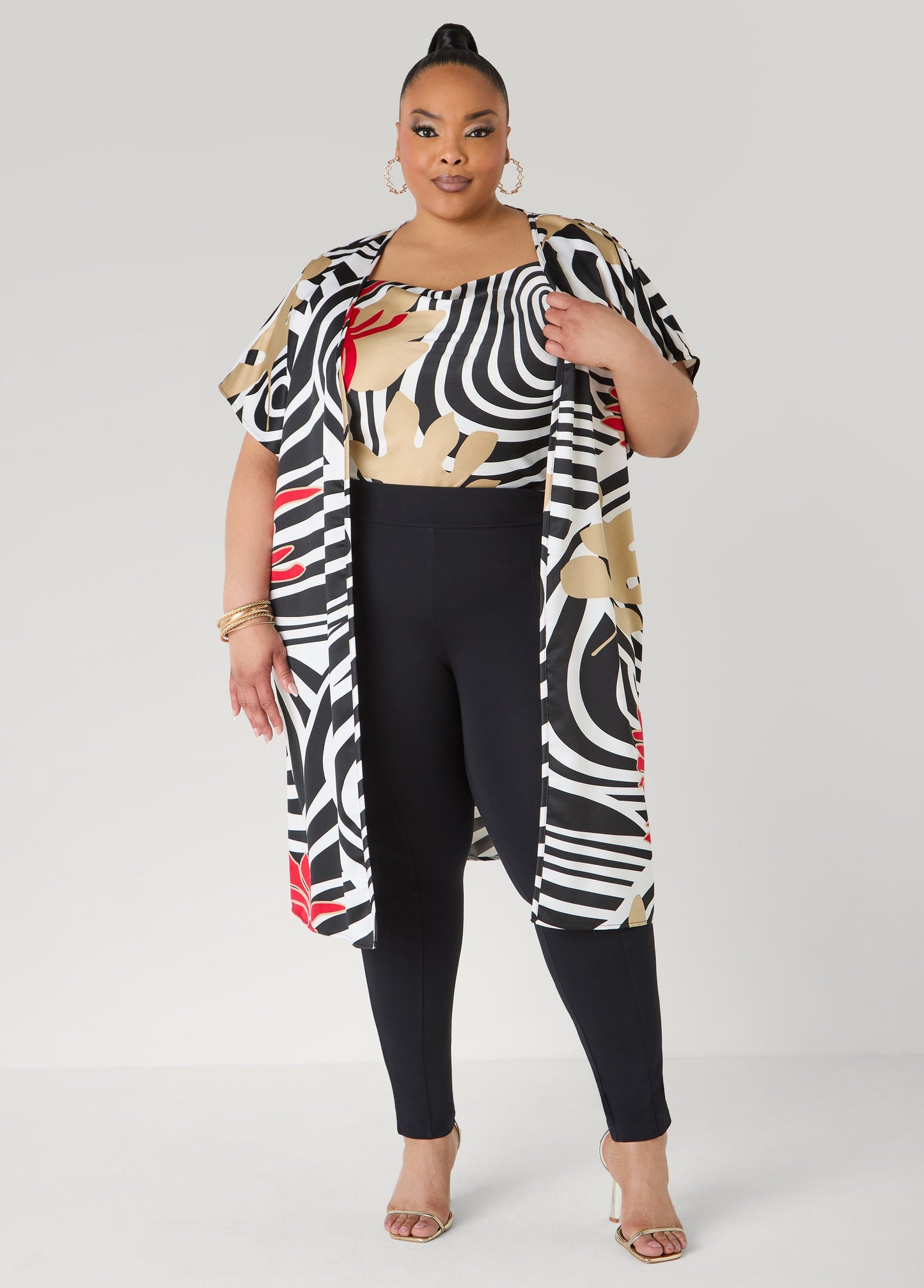 Ashley Stewart Floral Print Satin Duster Black White