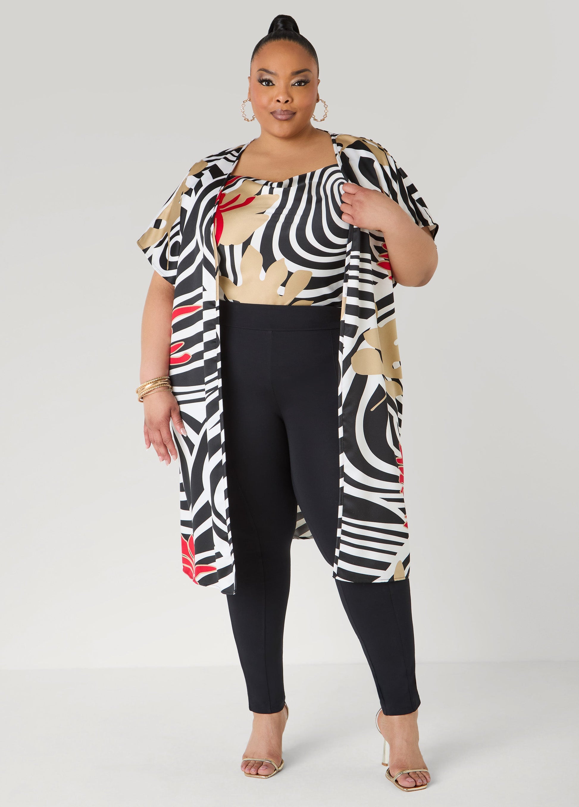Ashley Stewart Floral Print Satin Duster Black White