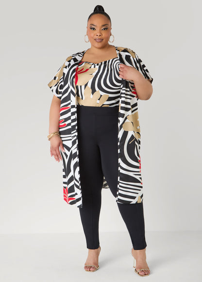 Ashley Stewart Floral Print Satin Duster Black White