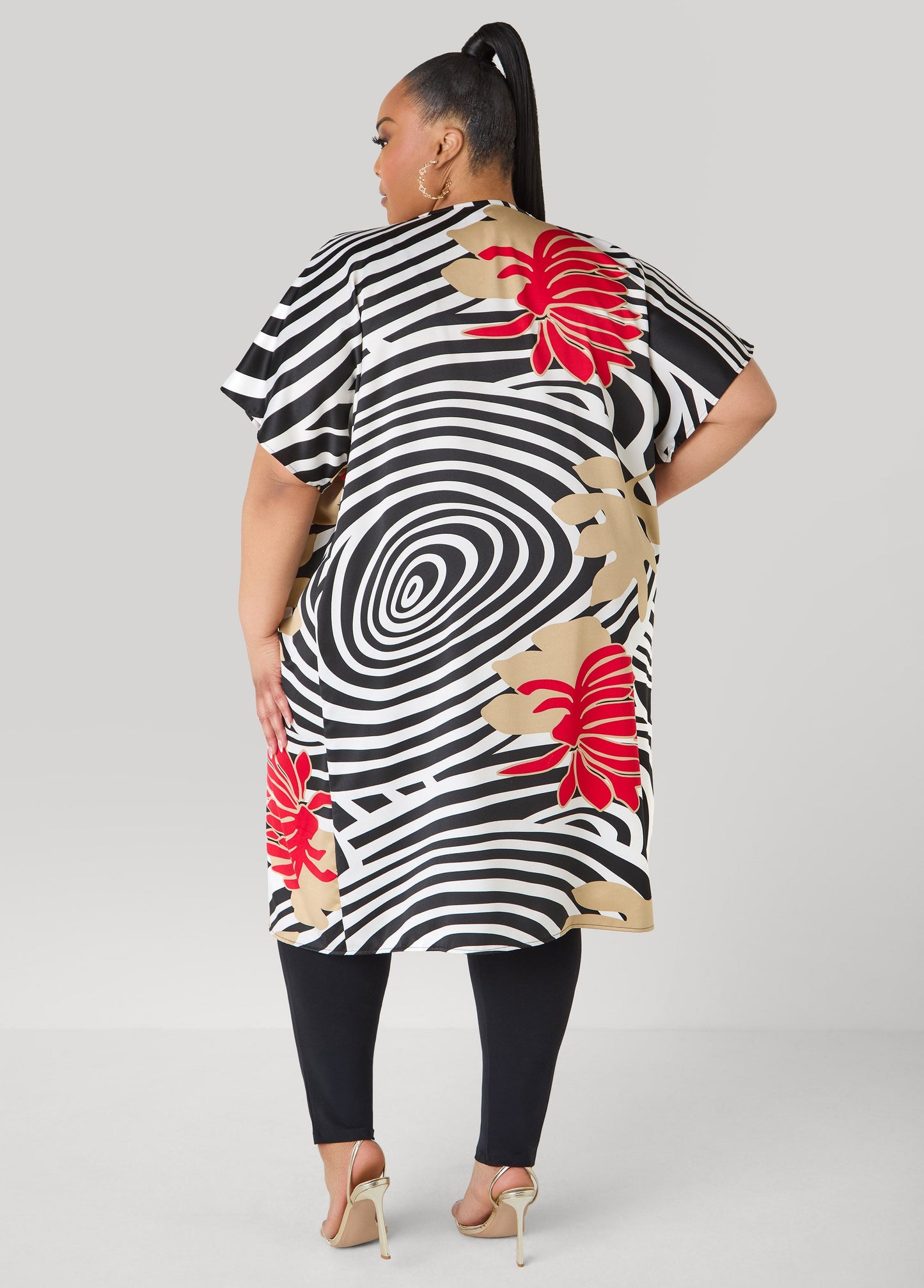 Ashley Stewart Floral Print Satin Duster Black White