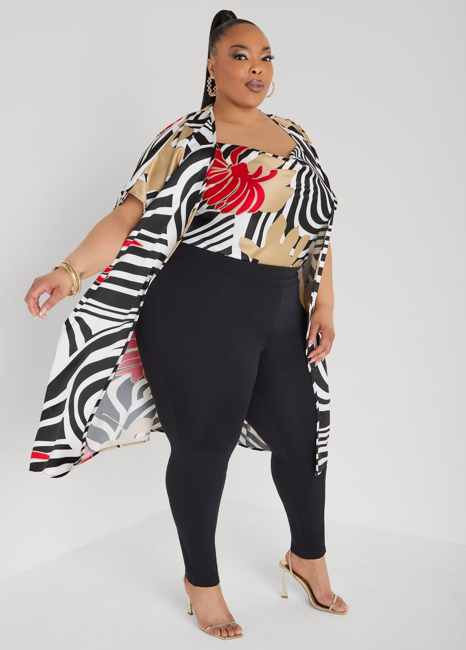 Ashley Stewart Floral Print Satin Duster Black White