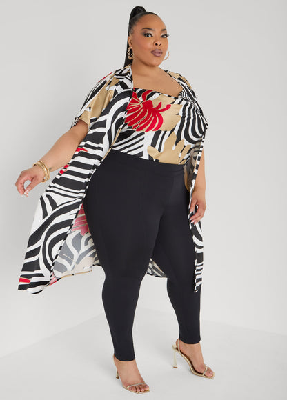 Ashley Stewart Floral Print Satin Duster Black White