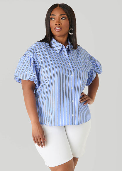 Ashley Stewart Striped Puff Sleeved Shirt Blue