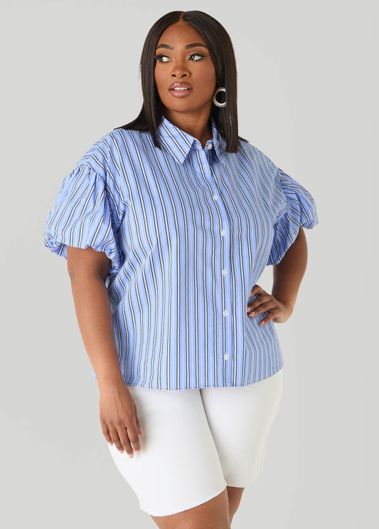 Ashley Stewart Striped Puff Sleeved Shirt Blue