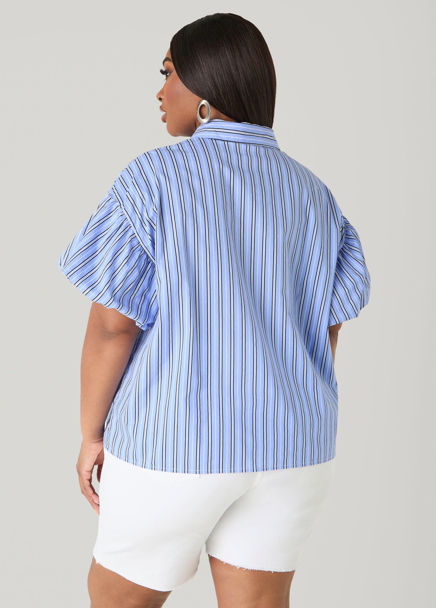 Ashley Stewart Striped Puff Sleeved Shirt Blue