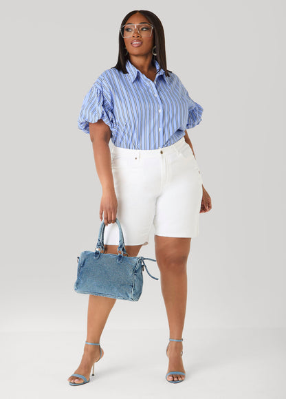 Ashley Stewart Striped Puff Sleeved Shirt Blue
