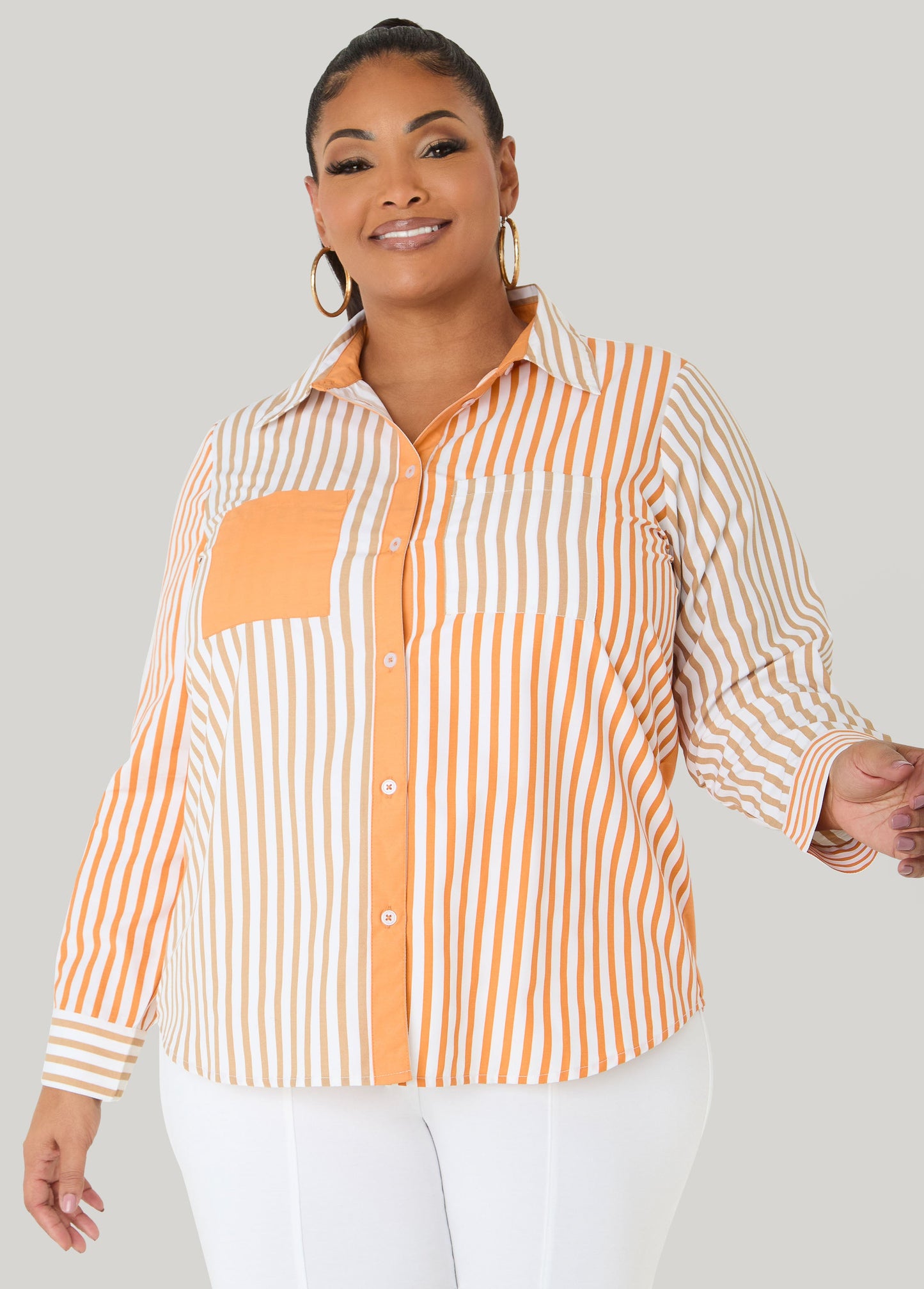 Ashley Stewart Colorblocked Striped Shirt Desert Sun
