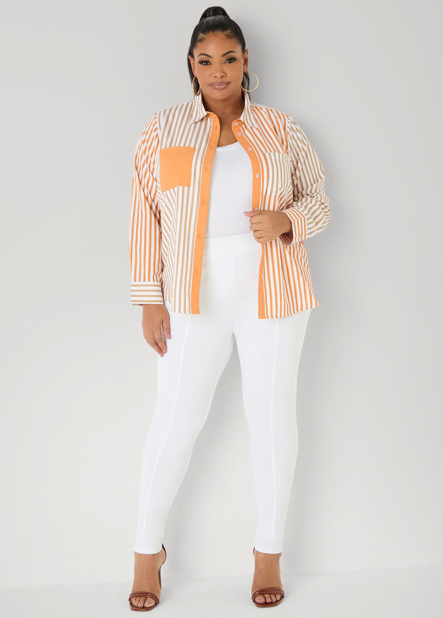 Ashley Stewart Colorblocked Striped Shirt Desert Sun