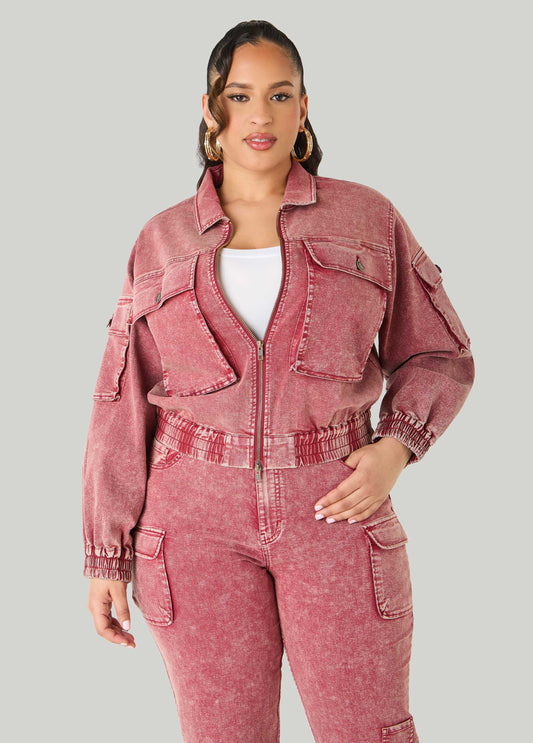 Ashley Stewart Stonewash Denim Cargo Jacket Confetti