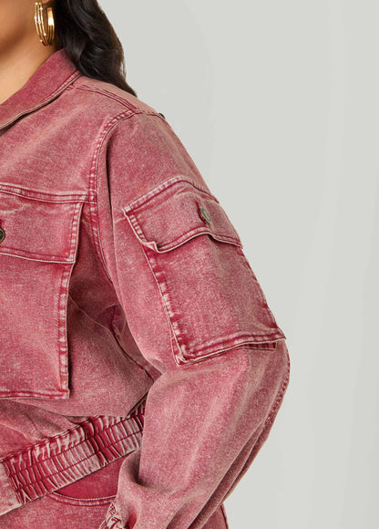 Ashley Stewart Stonewash Denim Cargo Jacket Confetti