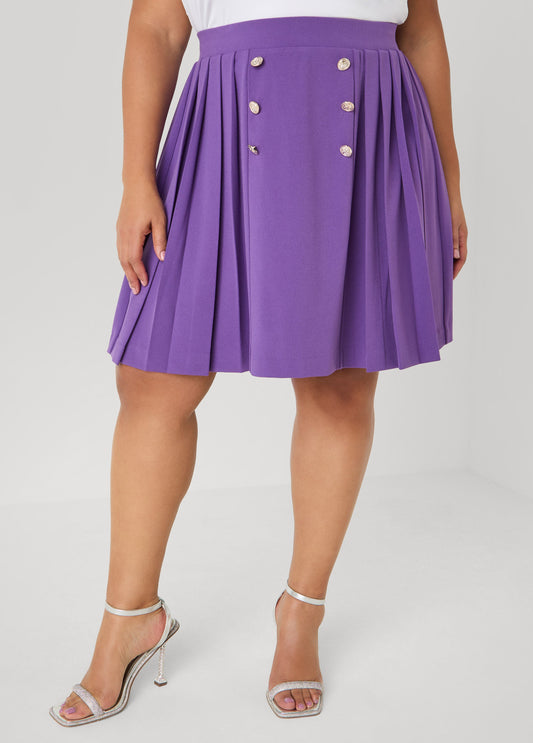 Ashley Stewart Button Embellished Pleated Skirt Pansy