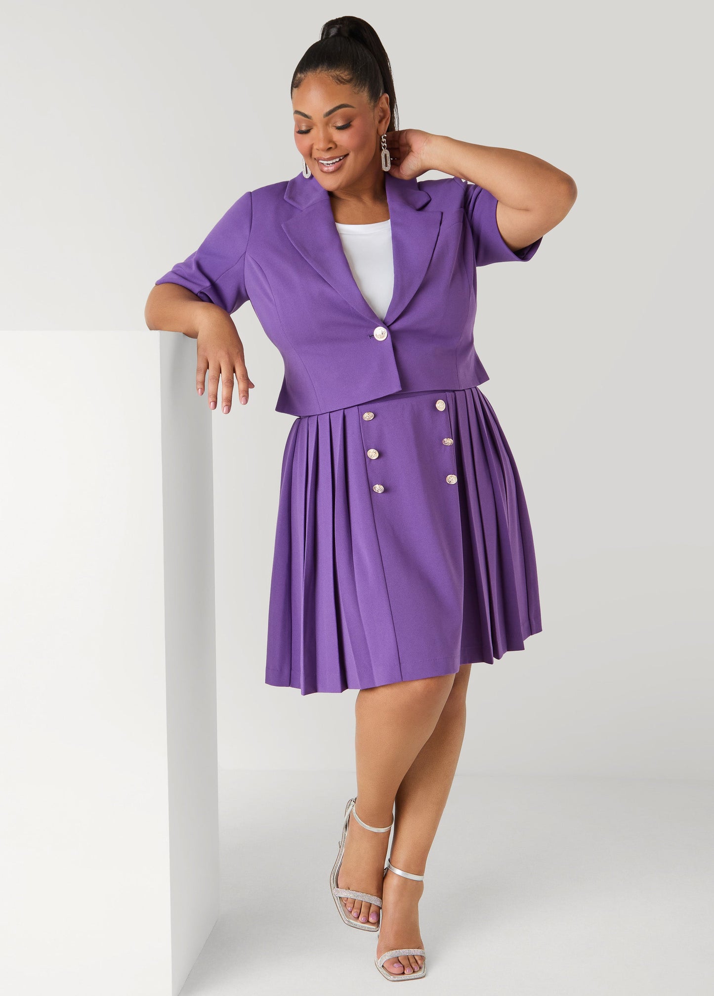 Ashley Stewart Button Embellished Pleated Skirt Pansy