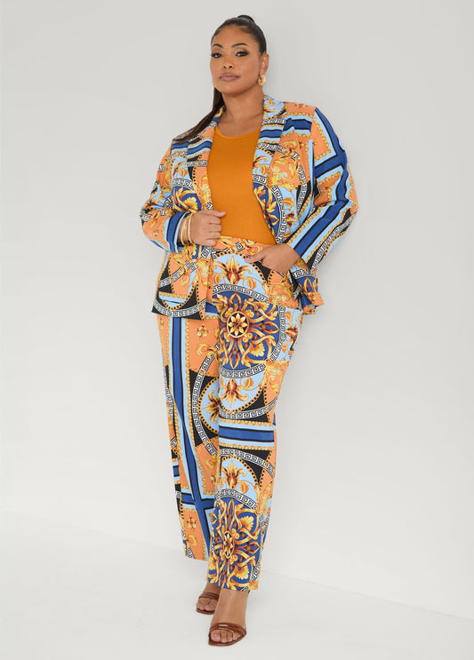Ashley Stewart Millennium Scarf Print Trousers Navy Peony