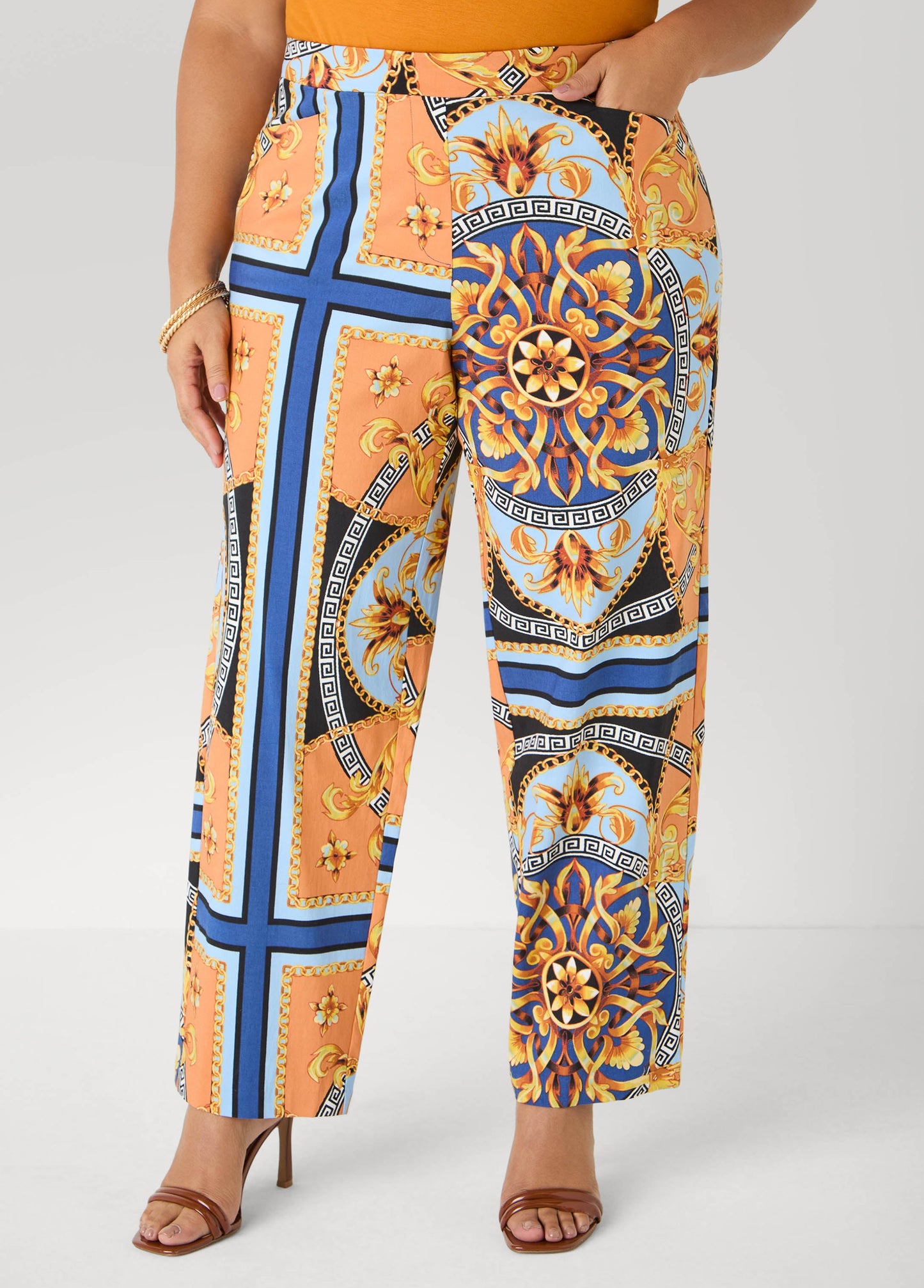 Ashley Stewart Millennium Scarf Print Trousers Navy Peony