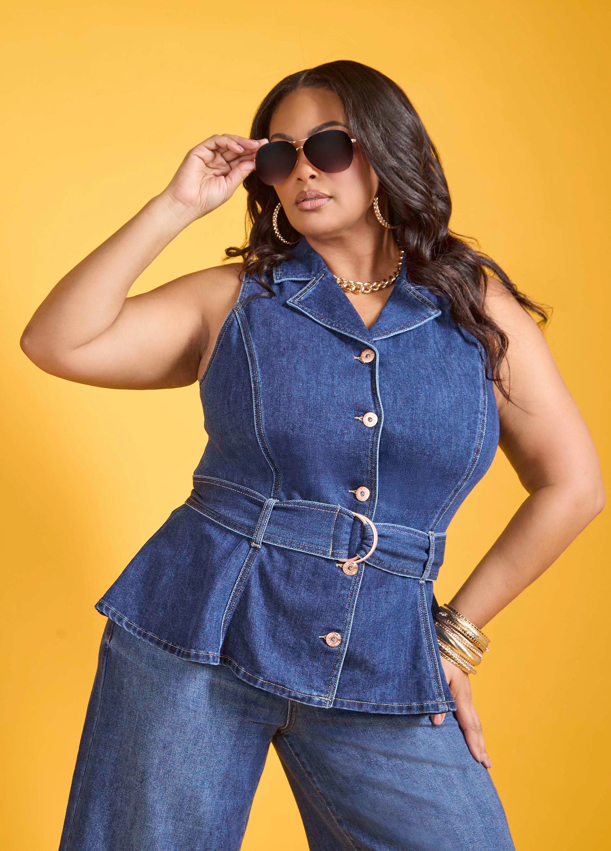 Ashley Stewart Belted Denim Peplum Vest Dk Wash