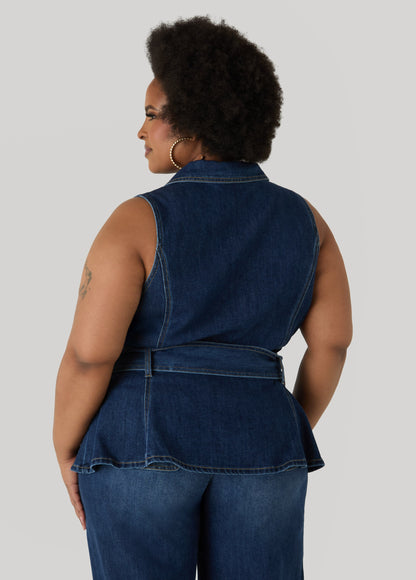 Ashley Stewart Belted Denim Peplum Vest Dk Wash