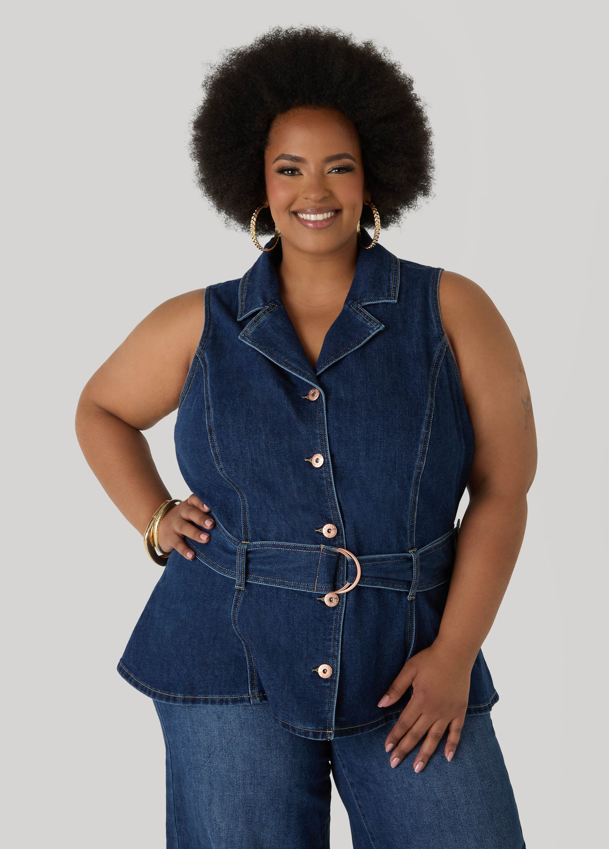 Ashley Stewart Belted Denim Peplum Vest Dk Wash