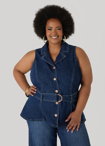 Ashley Stewart Belted Denim Peplum Vest Dk Wash