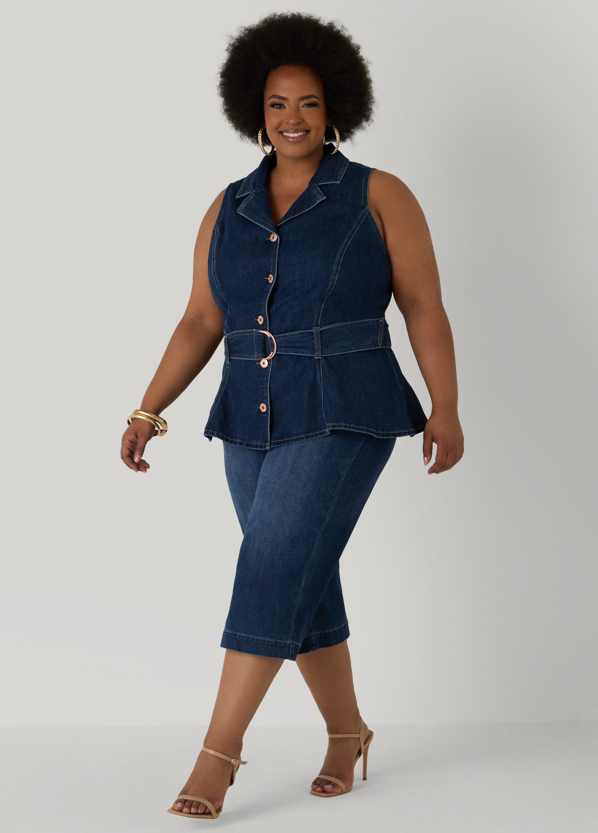 Ashley Stewart Belted Denim Peplum Vest Dk Wash