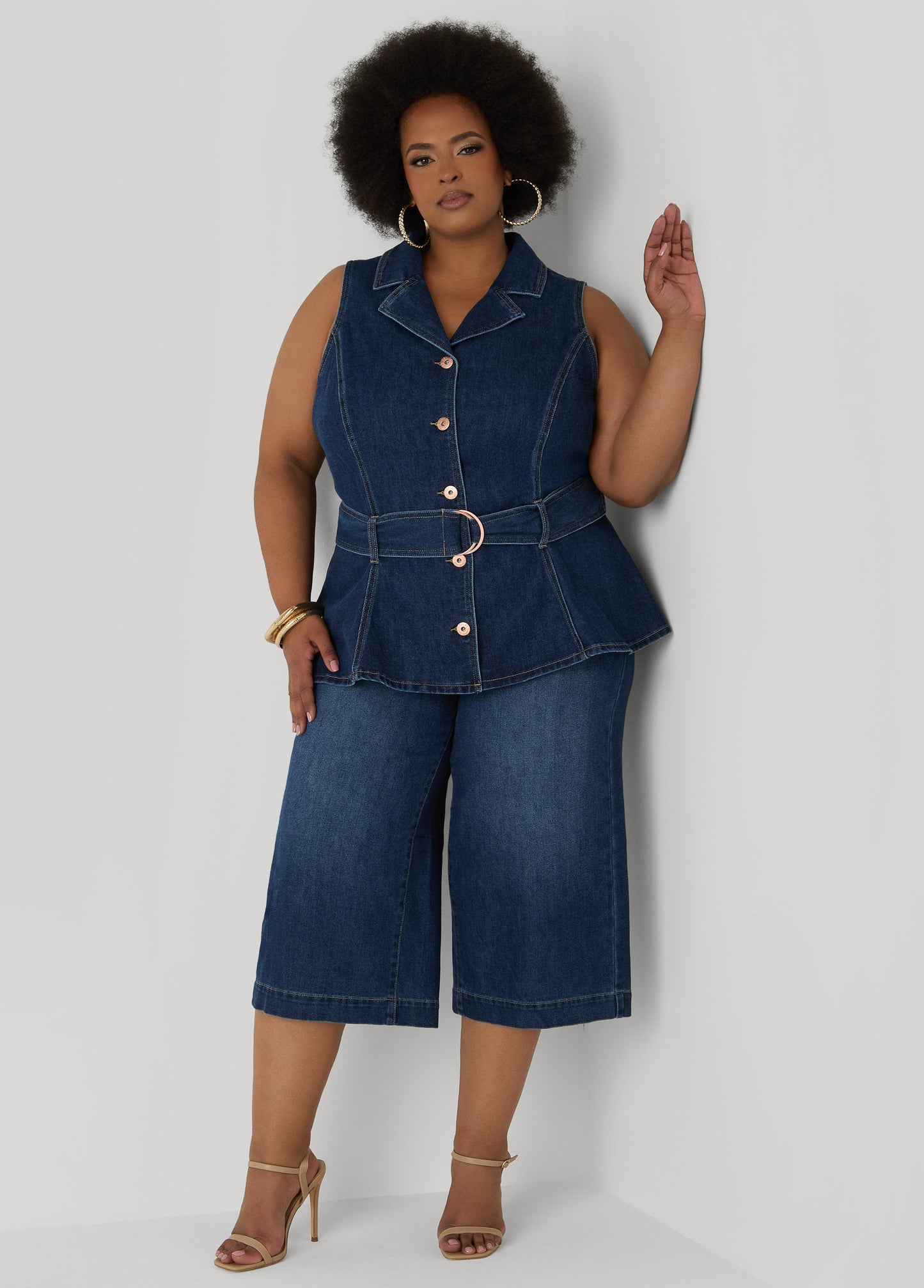 Ashley Stewart Belted Denim Peplum Vest Dk Wash